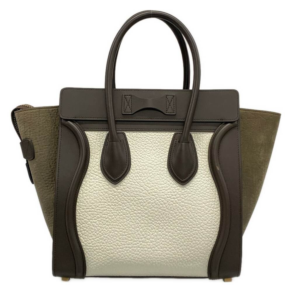 Celine Luggage Micro Shopper Handbag White Dark Brown Khaki Drummed calfskin - Picture 3 of 15